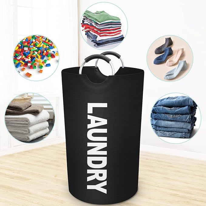 StorageRight 90L Large Laundry Basket, Laundry Hamper, Dirty Clothes Hamper for Laundry, Collapsible, Waterproof Laundry Baskets with Foam Protected Aluminum Handles for Laundry, Dorm, Family (Black)