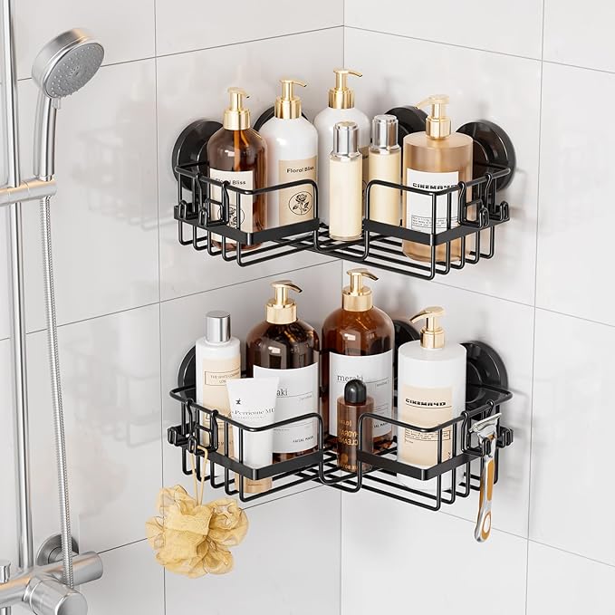 TAILI 2 Pack Corner-adaptive Suction Cup Shower Caddy, Stainless Steel Rustproof Corner Shower Shelves, Large Capacity, Removable Suction Cup Bathroom Organizer, Drill-Free Wall Mounted Baskets, Black