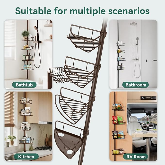 Corner Shower Caddy Tension Pole, 4 Tier Rustproof Shower Tension Rod Organizer, Adjustable 25-125 Inch Bathroom Shower Organizer Shelves for Bathtub Shampoo Storage, Brown