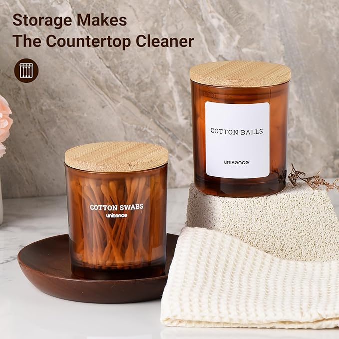 Glass Qtip Holder 2 Pack , Qtip Holder Dispenser Bathroom Set Bathroom Organizers and Storage Q tip Holder with Lid Makeup Storage Organizer for Cotton Swabs,Cotton Balls,Pads ,Amber