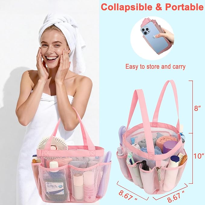 Mesh Shower Caddy Portable for College Dorm Room Essentials, 8-Pocket Large Shower Basket Tote Bag with 2 Handles for Toiletry, Bathroom, Beach, Camp, Gym