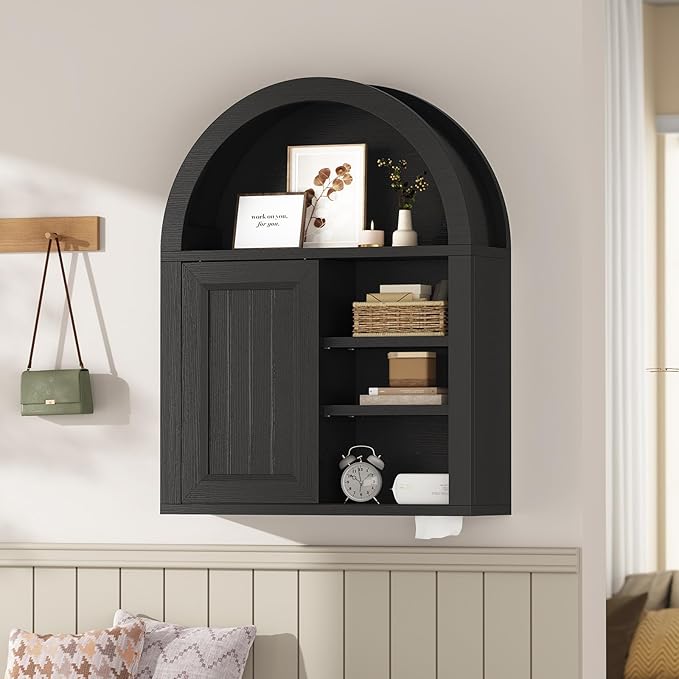 Arched Bathroom Wall Cabinet, 23.6 x 30.3'' Over The Toilet Cabinet With Sliding Barn Door, Adjustable Shelf, Wall Mounted Cabinets for Bathroom Laundry Room Kitchen (Black,Sliding Door, 30IN)
