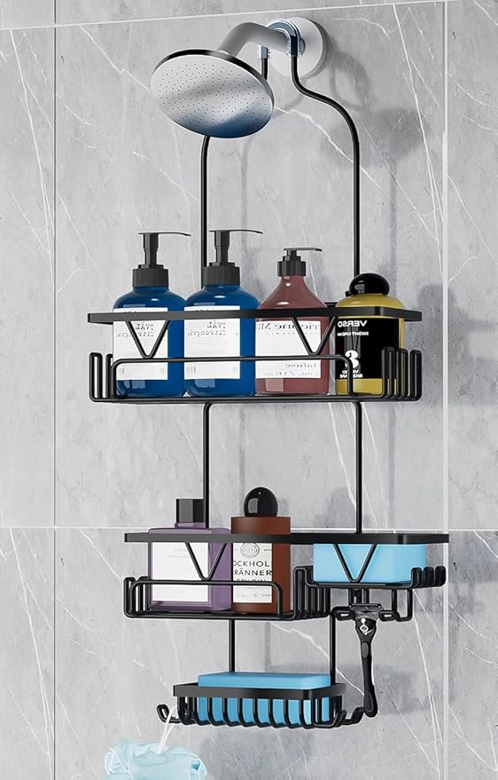 Over the Shower Head Caddy with 2 Baskets & Soap Holder, Non-Slip Design for 0.82-Inch Showers, Black, Stainless Steel
