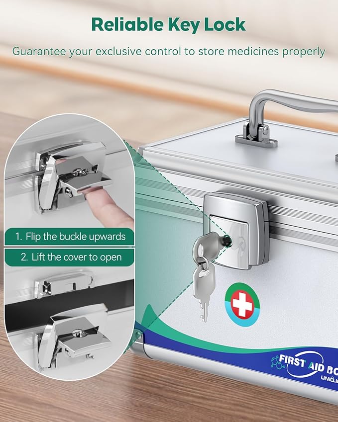 Uniclife Medicine Lock Box First Aid Box with Key Lock & Handle Portable Medication Lock Box Metal Lockable Medicine Storage Chest Security Lock Case for Medications, 10" x 6" x 6.5"