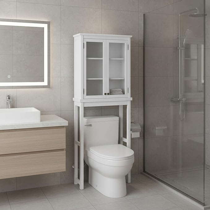 Alaterre Furniture Dorset Over-The-Toilet Storage Cabinet with Tempered Glass Doors – White Wood Bathroom Space Saver Organizer with Adjustable Shelves, Hutch & Wall Mount Hardware