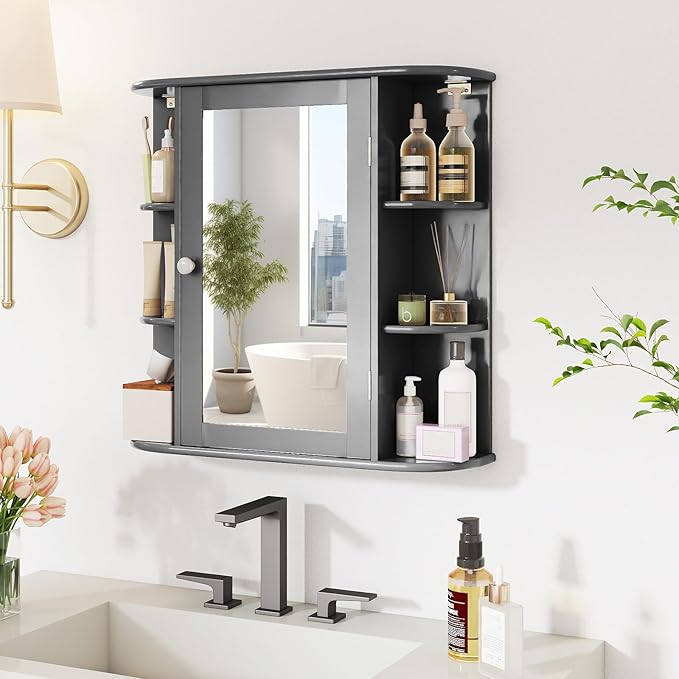 Tangkula Bathroom Wall Cabinet with Mirror, Modern Medicine Cabinet with Mirrored Door, 4 Internal Shelves & 6 Side Open Shelves, Wall Mounted Space-Saving Storage Organizer