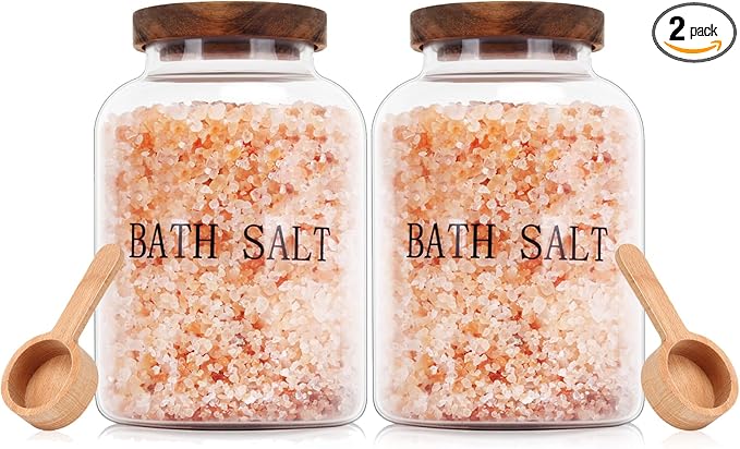 2Pcs 74 oz Glass Bath Salts Jar,Bath Salt Container with Wooden Lid and Scoop,Bathroom Organizers and Storage,for Bathroom Bath Decor,Home Decor,Bathtub Accessories for Women