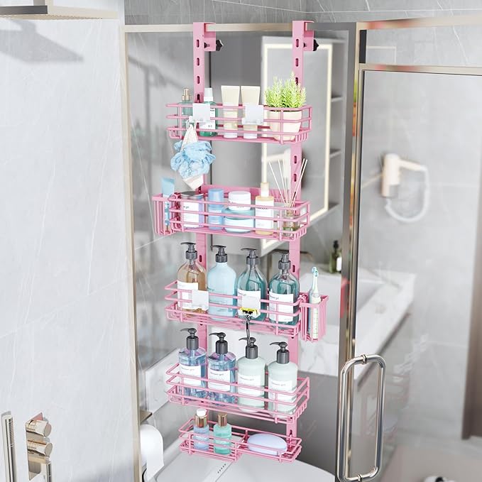 Consumest Over The Door Shower Caddy - 5 Tier Adjustable Shower Organizer Hanging with 2 Toothbrush Holders & 4 Hooks, Rustproof Organizer Shelf, Storage Rack for Bathroom, Pink