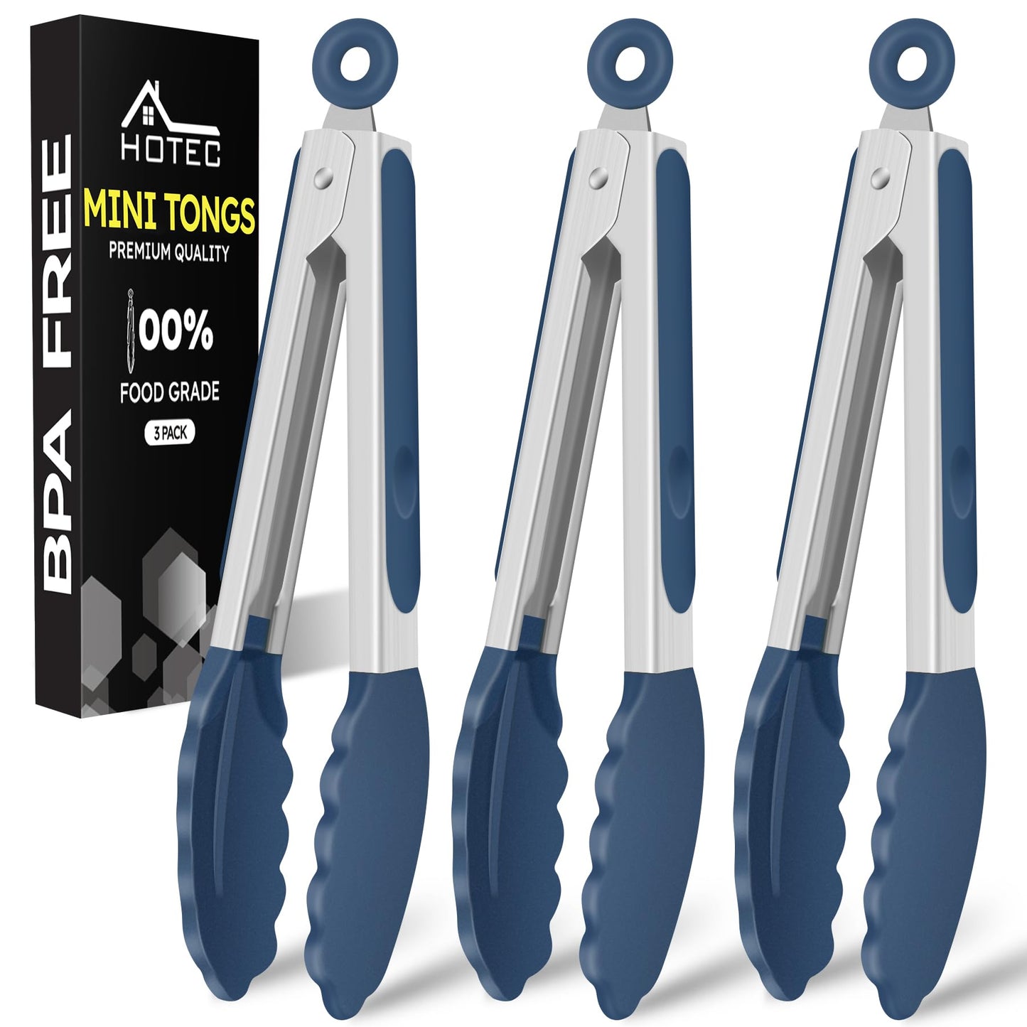 Hotec 7-Inch Mini Silicone Kitchen Tongs, Heat Resistant Non-Stick Small Serving Tongs with Silicone Tips, Food Safe Cooking Tongs Set of 3 (Black, Grey, White)