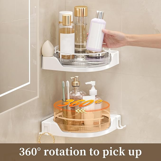 360° Rotating Corner Shower Caddy (2-Pack) - Lazy Susan Bathroom Organizer with Hooks, No-Drill Adhesive Mount for Shower, Kitchen, RV, Space-Saving ABS Plastic Shower Shelf