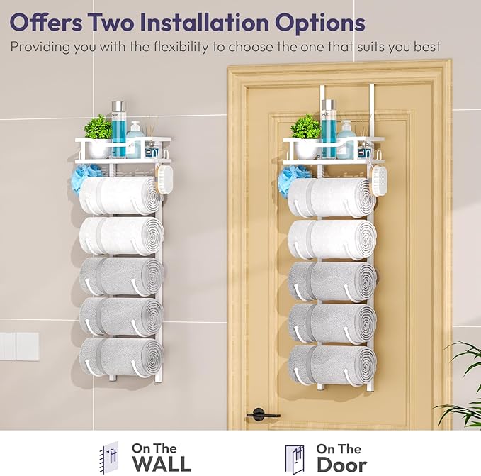 SWTYMIKI Over The Door Towel Rack - 6 Tier Towel Racks for Bathroom Wall Mounted, Towel Holder with Shelf, Hanging Rolled Towel Storage Organizer for Small Bathroom, Camper, RV, White
