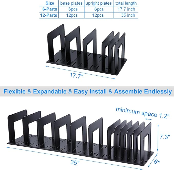Adjustable Vertical File Sorter Sturdy Plastic Expandable Upright File Holder, Desktop Binder Organizer, School Office Organization Bookshelf Divider, Assemble Easily Endlessly, Black