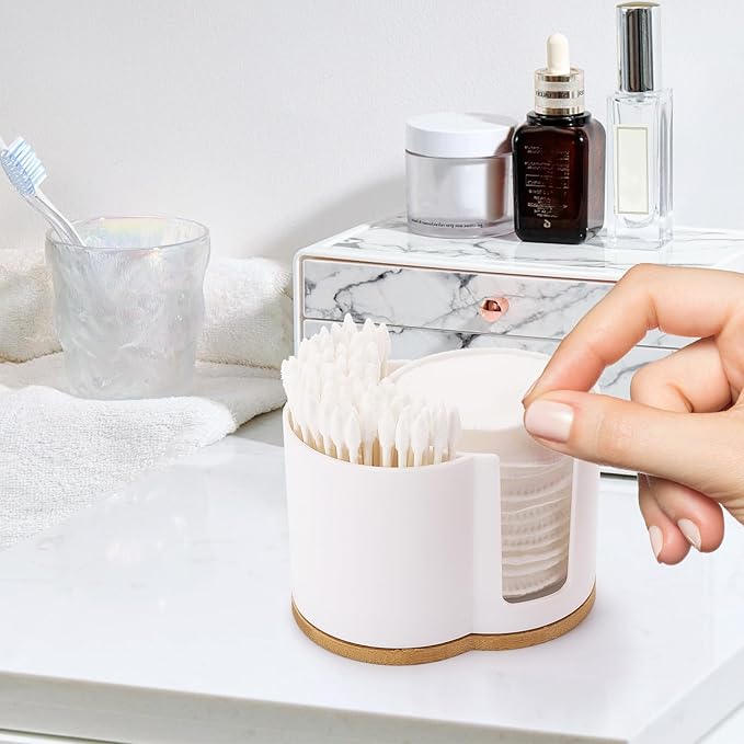 Tbestmax Qtip Dispenser 2-Grid Cotton Ball , Swab, Round Pads Holder for Bathroom Container Organizer, Plastic, White