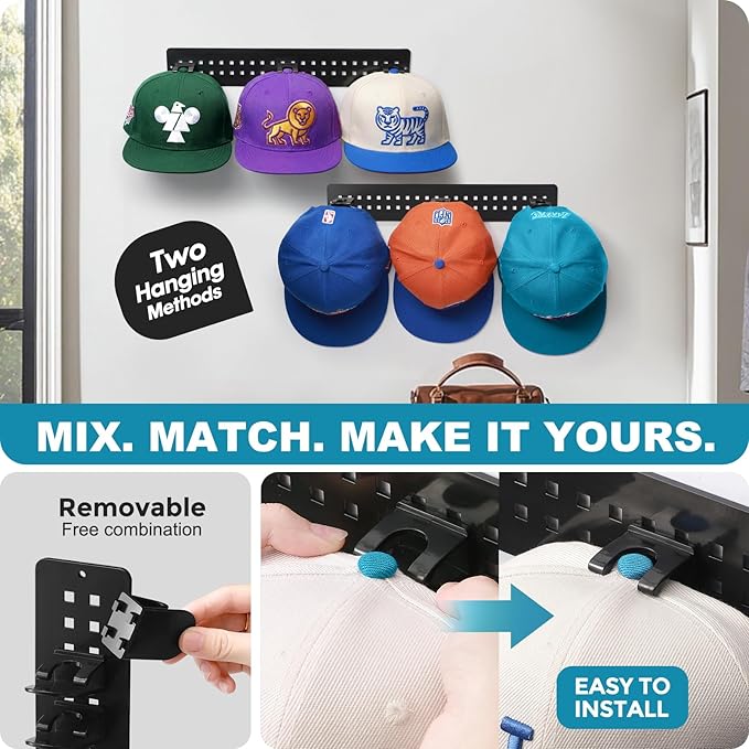 2 Pack Hat Organizer for Baseball Caps, Detachable DIY Hat Rack for Wall Hat Holder Hold up to 22 Hats, Baseball Cap Organizer Cap Holder Hat Hangers for Wall Closet Door Bedroom (C-Black)