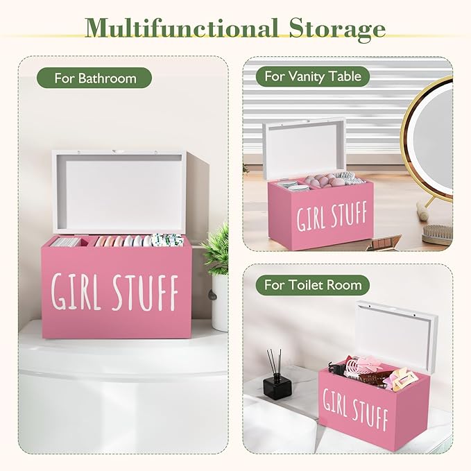 Tampon Holder for Bathroom with Hinged Lid, Feminine Product Organizer, Bathroom Period Products, Toilet Organizer, Bathroom Accessories Box for Girl Stuff (Pink)