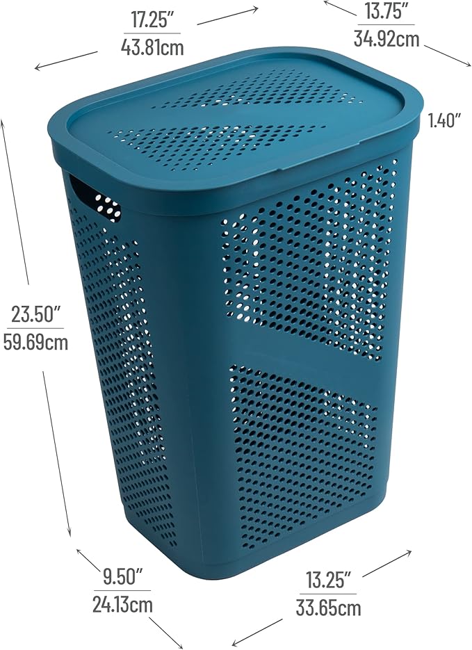 Mind Reader Slim Laundry Hamper with Lid, 60L Clothes Basket, Ventilated Plastic, Blue