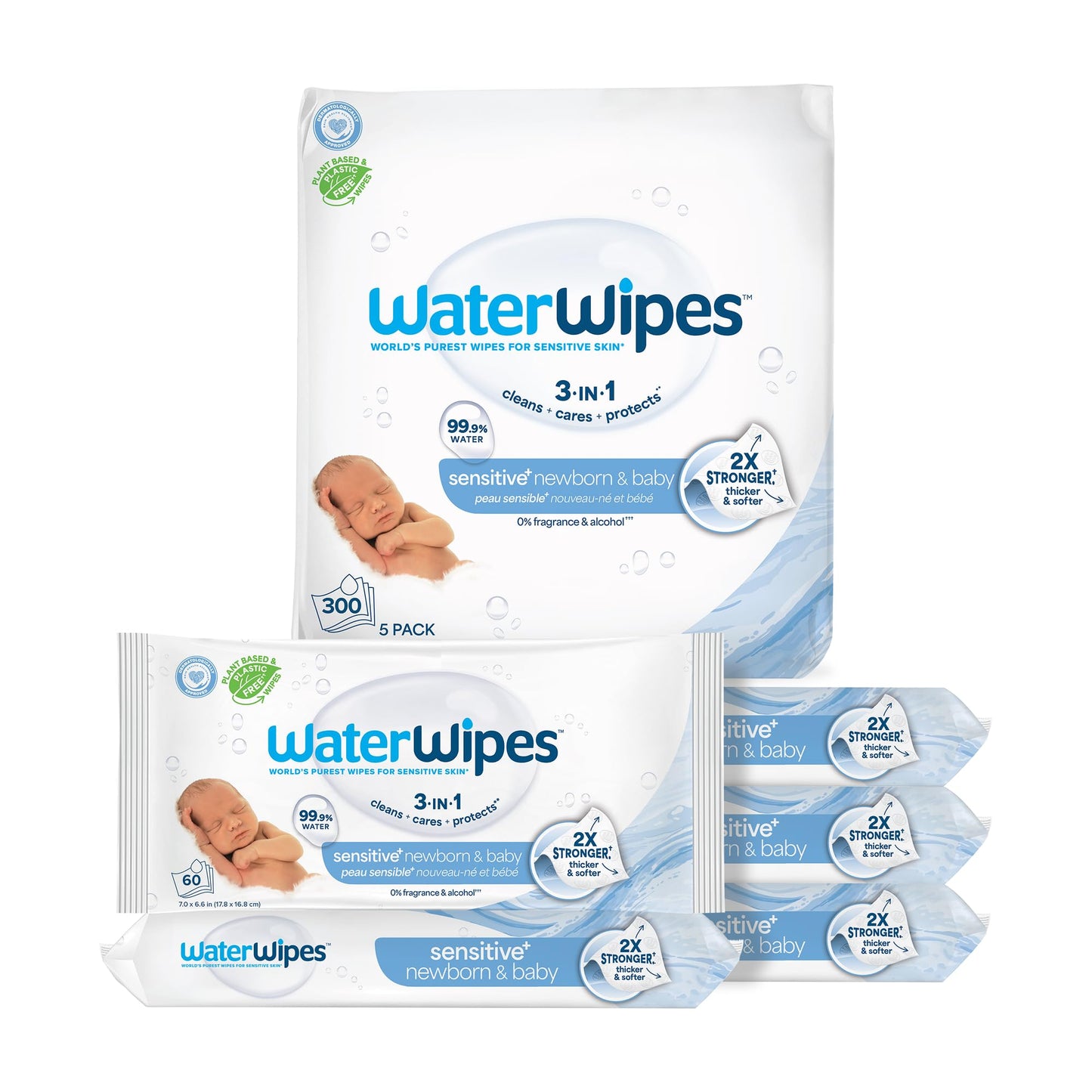 WaterWipes Sensitive+ Newborn & Baby Wipes, 3-In-1 Cleans, Cares, Protects, 99.9% Water, Unscented & Hypoallergenic, 1080 Count (18 Packs)