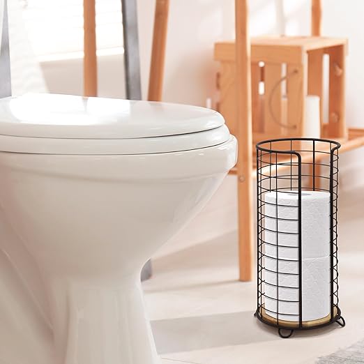 BROOKSTONE, Stylish Toilet Paper Holder with Bamboo Base, Freestanding Bathroom Tissue Organizer, Minimalistic Storage Solution, Modern Trending Design [Holds Large Rolls], Black…