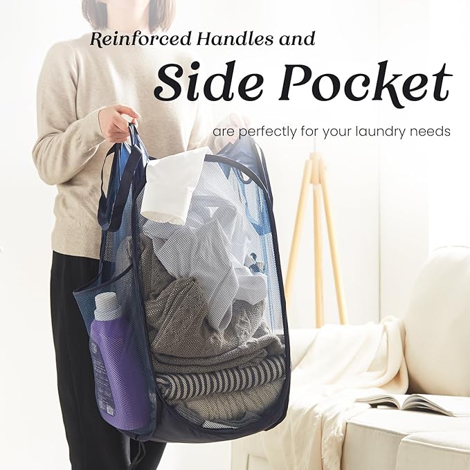 TECHMILLY Collapsible Mesh Pop Up Laundry Hamper with Sturdy Handles and Side Pocket - Portable Foldable Clothes Baskets for Dorm, Bathroom & Travel Storage (Blue, 2 Packs)