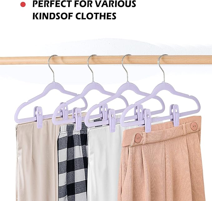 Tinfol Velvet Hanger Clips Light Purple, 24Pcs Pant Hangers Velvet Clips, Large Opening Clip Clothes Pin, Strong Finger Clip Perfect for Thin Skirt Pant Hangers