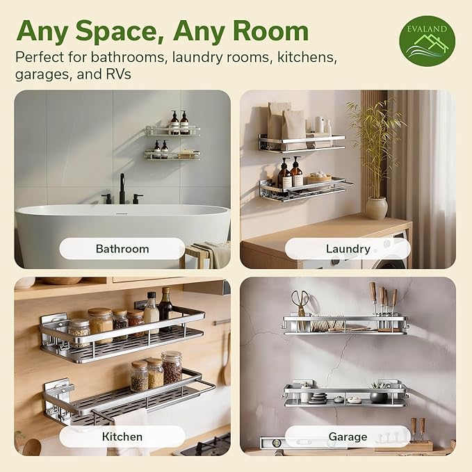 EVALAND Shower Caddy Adhesive 2-Pack with Hooks and Rod for Towels, Silver – Premium Bathroom Shower Shelves, Shampoo Organizer, Bathtub Shelf, Rustproof, Easy Installation, Sturdy Modern Look