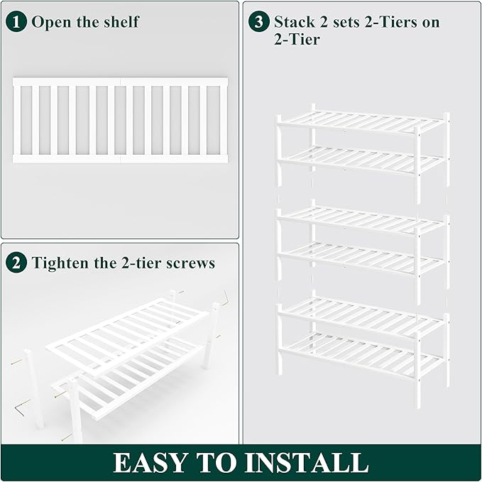 Smiry Shoe Rack, 6 Tier Bamboo Shoe Organizer, Stackable Free Standing Wooden Shoe Storage Shelf for Closet, Entryway, Front Door Entrance, White