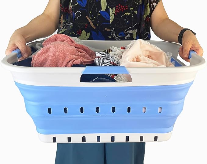 SAMMART 42L (11 gallon) Collapsible Plastic Laundry Basket - Foldable Pop Up Storage Container/Organizer - Space Saving Hamper/Basket (1, Grey/Little Boy Blue)