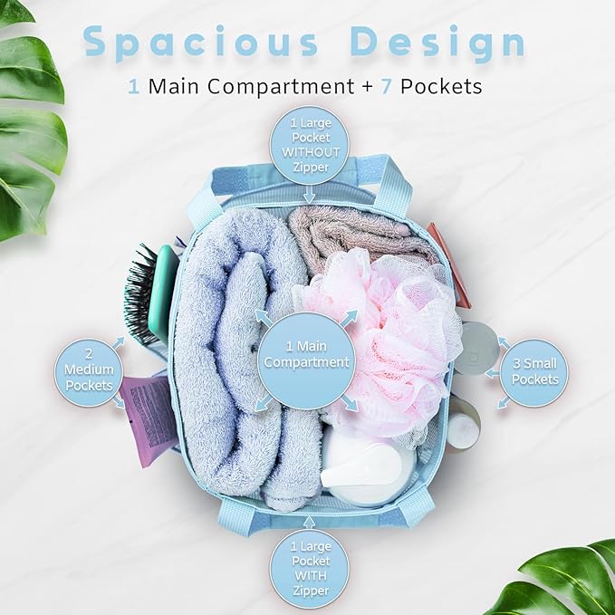 Mesh Shower Caddy Dorm, 7 Pockets & 1 with Zipper, Shower Tote with Padded Handles, Travel Portable, Shower Caddy College Room Essentials, Bathroom Shower Bag (Blue)