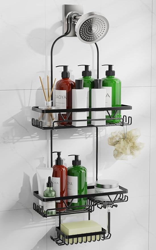 Shower Caddy Hanging, Anti-Swing Over Head Shower Caddy, Rustproof Bathroom Organizer with Soap Holder & Hooks