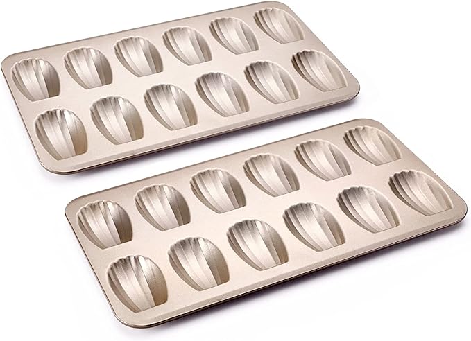 HONGBAKE Nonstick Madeleine Pan 2 Pack 12-Cavity Heavy Duty Madeleine Cookies Trays for Oven Baking, Warp Resistant Shell Shape Madeleine Mold Cake Pan, Space Grey