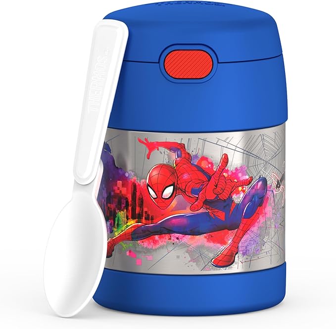 THERMOS FUNTAINER Insulated Food Jar, 10 Ounce, Kid Friendly Food Jar with Foldable Spoon, Spider-Man