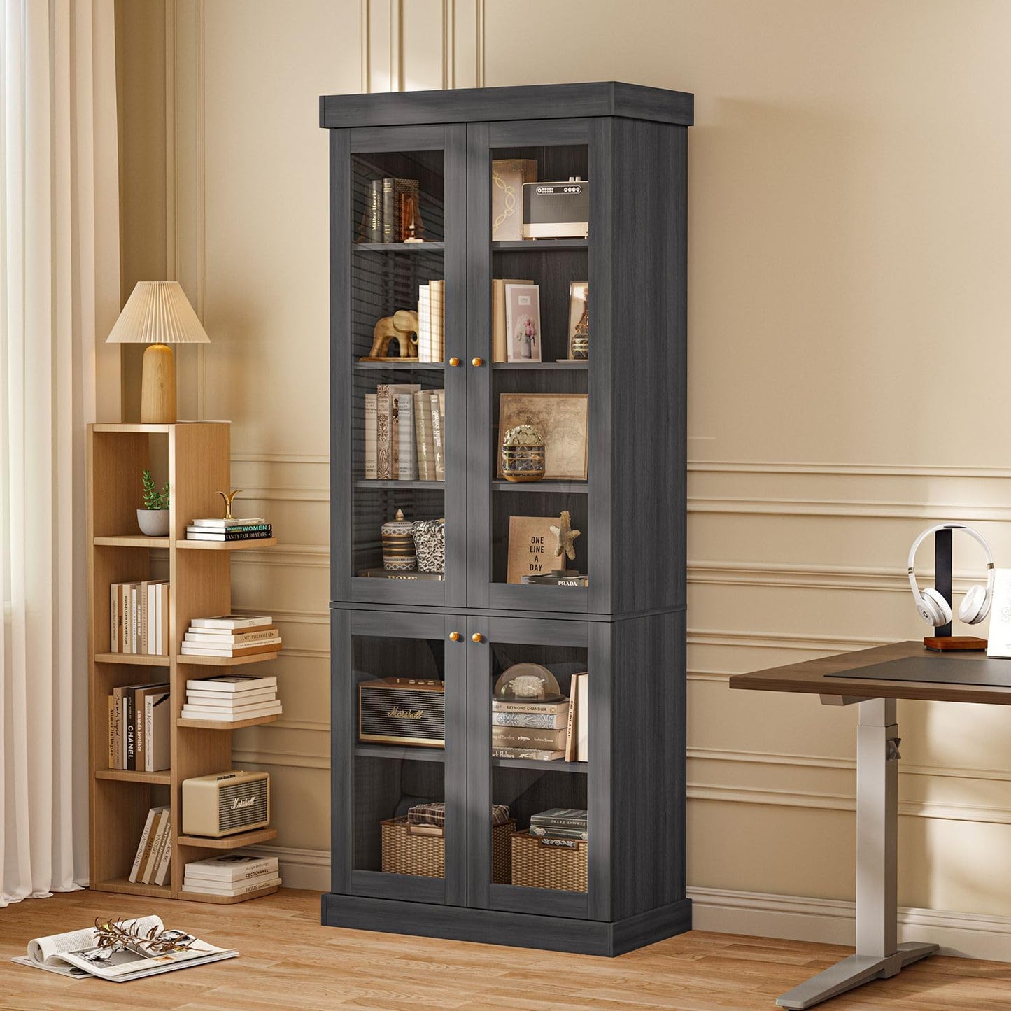 ivaniti 70.8" Tall Bookshelf with Doors, Farmhouse Modular Bookcase with 4-Tier Adjustable Shelves, Large Storage Cabinet for Home Office, Living Room, Brown, Set of 2