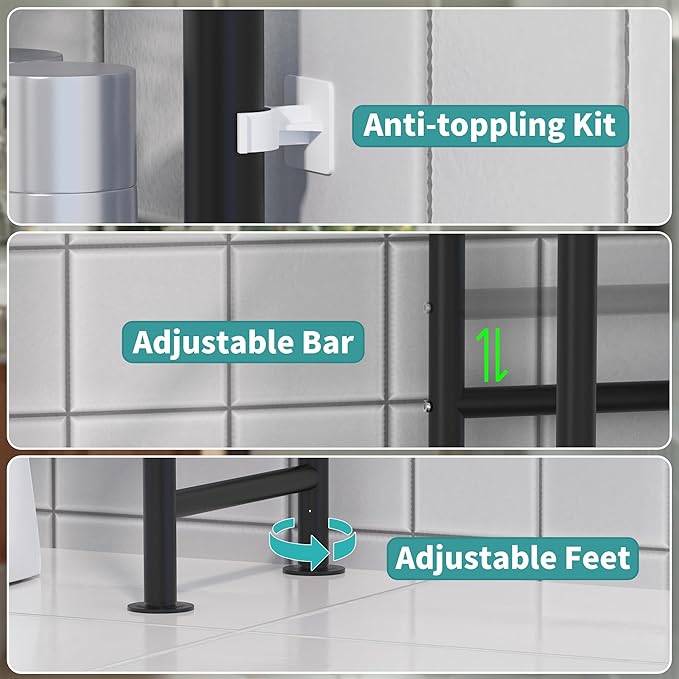 3-Tier Over The Toilet Storage with Paper Holder, Metal Bathroom Organizers and Storage for Small Space, Freestanding Bathroom Shelves with 4 Hooks, Above The Toilet Storage Shelf (Black)