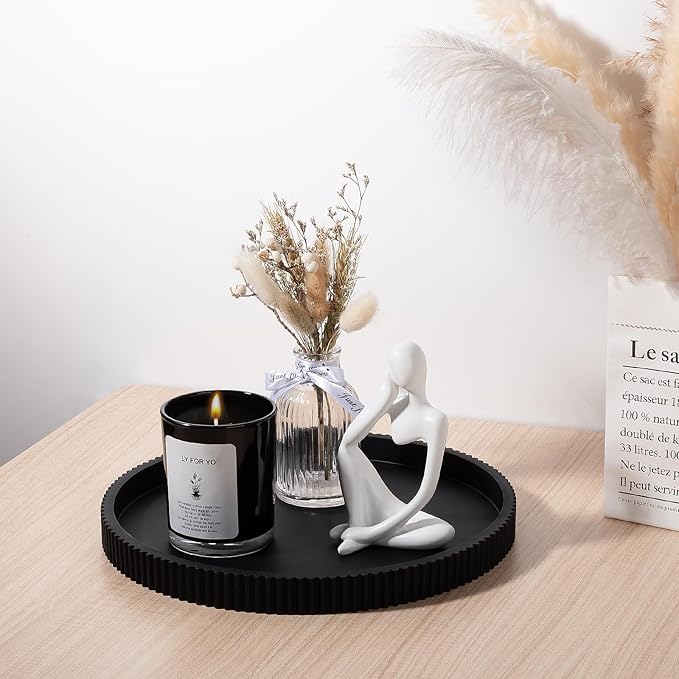 Silicone Bathroom Tray Round Kitchen Counter Organizer Decorative Vanity Accessories Coffee Table Decor for Perfume, Candle, Soap Dish, 10 Inch, Black