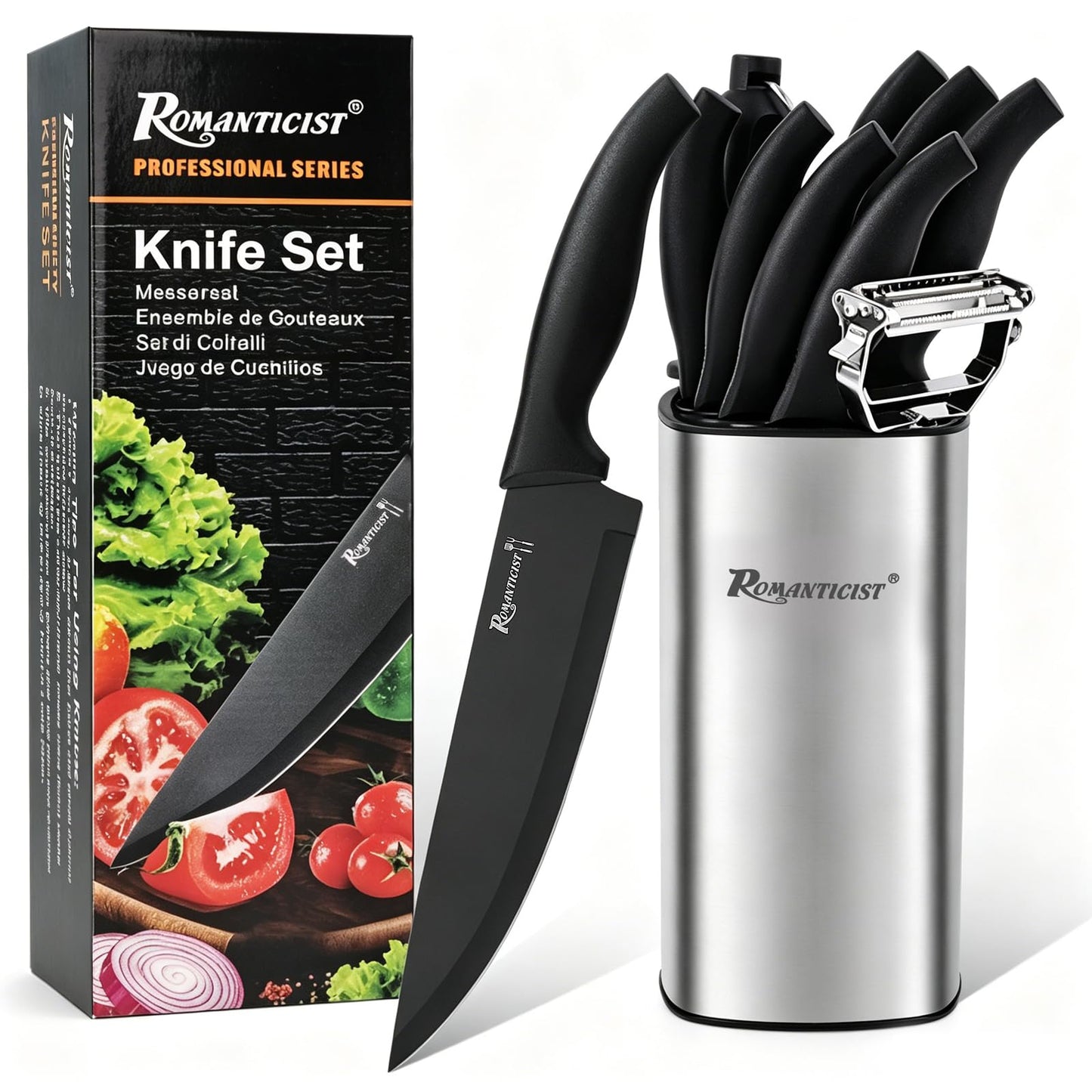 ROMANTICIST Kitchen Knife Sets, 10PCS High Carbon Stainless Steel Knife Sets with Block, Black Knife Block Set, Knives Set for Kitchen with Anti-slip Handle, Exquisite Knives Set New Home Essentials
