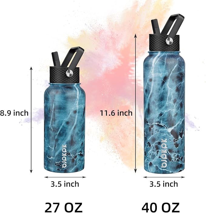 BJPKPK Insulated Water Bottles with Straw Lid, 27oz Stainless Steel Water Bottle with 3 Lids, Leak Proof BPA Free Metal Thermo, Mugs, Tumblers, Keep Cold Hot -Ocean