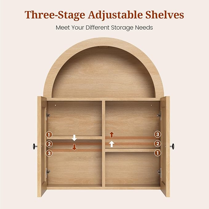 Arched Bathroom Wall Cabinet, 23.6 x 30.3'' Over The Toilet Cabinet with Grille Door, Adjustable Shelf, Wall Mounted Cabinets for Bathroom Laundry Room Kitchen (Oak, 30IN)