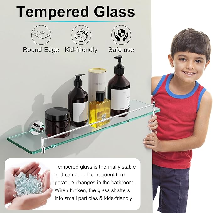 20 Inches Glass Shelves for Bathroom, Chrome Polished Floating Glass Shelf Stainless Steel Tempered Glass Bathroom Shelves for Wall Mount Modern