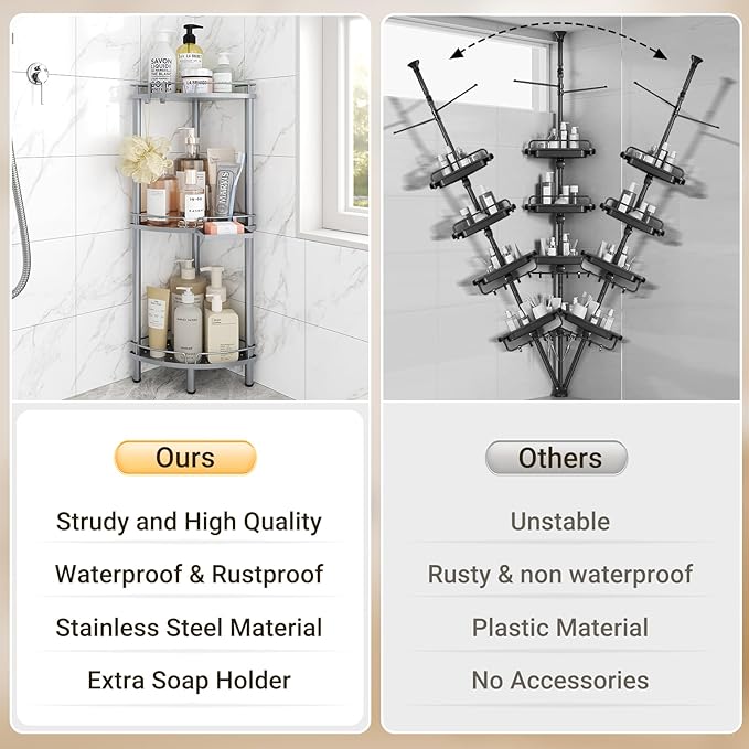 ELYKEN Corner Shower Caddy Standing, 3 Tier Rustproof Metal Shower Organizer with Soap Holder, Floor Shower Corner Shelf Rack Storage Stands with Adjustable Feet & 2 Hooks for Bathroom, Silver