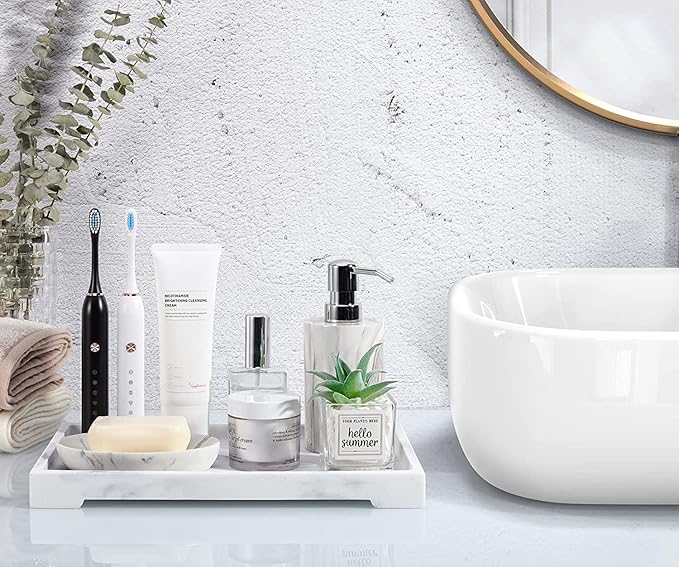 Luxspire Vanity Tray, Bathroom Tray Toilet Tank Storage Tray, Resin Kitchen Sink Serving Trays, Vanity Countertop Organizer for Candles Towel Perfume Holder Dish, Marble Style -Large- Gravel White