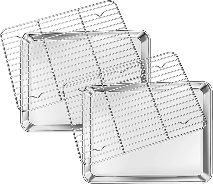 Deedro Baking Sheet with Rack Set [2 Sheets + 2 Racks], Stainless Steel Cookie Half Sheets Baking Pan Oven Tray with Cooling Rack, 12 x 10 x 1 Inch, Heavy Duty, Non-toxic, Easy Clean