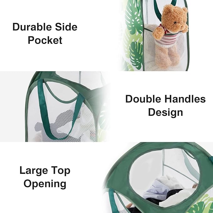 TECHMILLY Collapsible Mesh Pop Up Laundry Hamper with Sturdy Handles and Side Pocket - Portable Foldable Clothes Baskets for Dorm, Bathroom & Travel Storage (Green Leaf, 3 Packs)