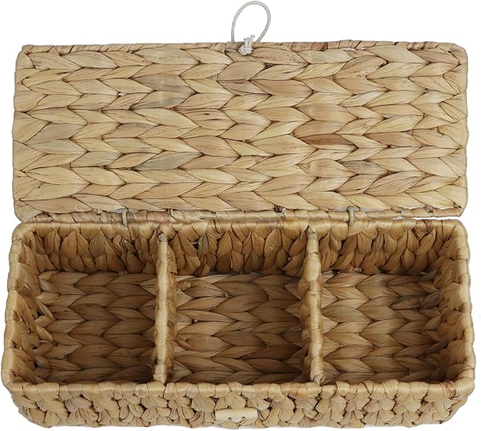 Water Hyacinth Storage Basket with Lid, Rectangular Tank Woven Wicker Baskets with Sections, Decorative Box for Snack Toys Bathroom (Water Hyacinth)