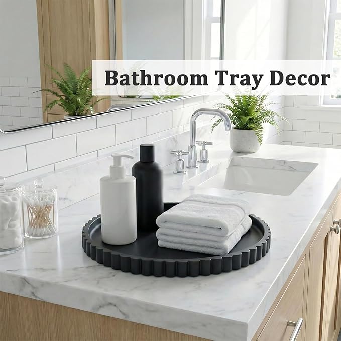 Silicone Bathroom Countertop and Vanity Tray-10 Inch Round Silicone Bathroom Tray, Modern Bathroom Decor, Coffee Table Decor, Decorative Tray for Candle, Perfume, Plants (Black)