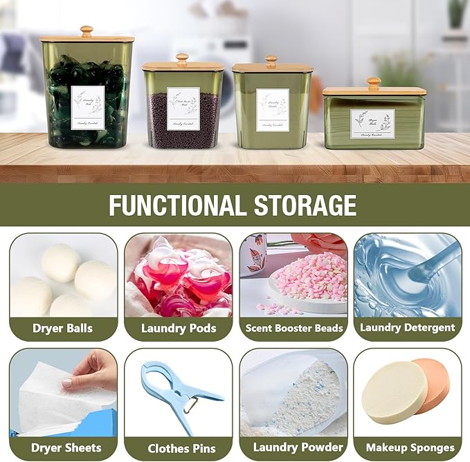 4 Pack Laundry Pods Container & Dryer Sheet Holder, Plastic Pod Holder with Lids & Scoops, Laundry Room Organization and Storage Sets for Powder, Detergent, Scent Booster