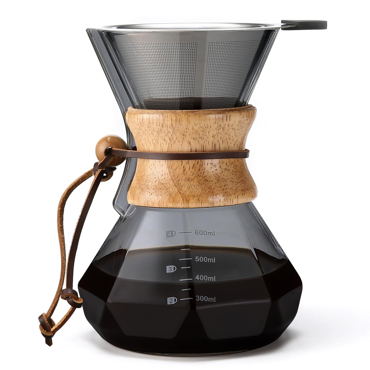 Lalord Pour Over Coffee Maker, 600ml/20oz Borosilicate Glass Carafe with Stainless Steel Filter & Wooden Collar, 3-4 Cups Capacity, Clear