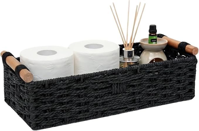Back of Toilet Basket, Black Toilet Tank Basket for Toilet Paper Storage (Holds 2 Rolls), Paper Rope Wicker Storage Bin with Wooden Handles for Toilet Top, Over Toilet Shelf, Bathroom Counter