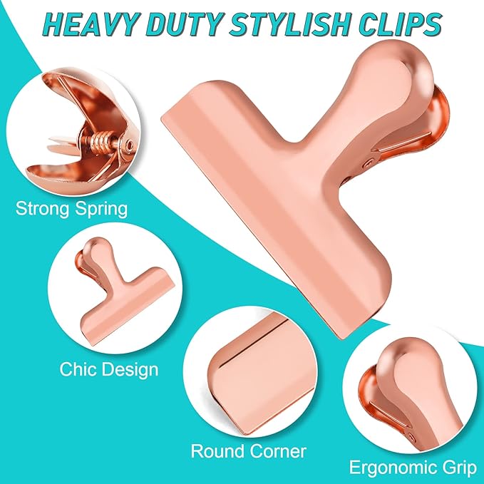 Funfery 8 Pack 3 Inch Stainless Steel Rose Gold Chip Bag Large Clips for Food Packages,Food Kitchen Clips for Snack,Home&Office Clip for Paper,Strong Metal Chip Snack Clip (Rose Gold, 8 Pack)
