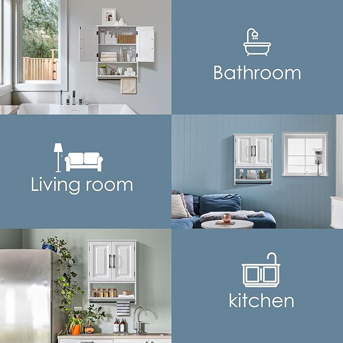 Wall Mounted Bathroom Cabinet, Farmhouse Medicine Cabinet with 2 Elegant Raised Panel Cabinet Doors, with Adjustable Shelf & Towel Bar – Over Toilet Storage Organizer for Small Spaces, White