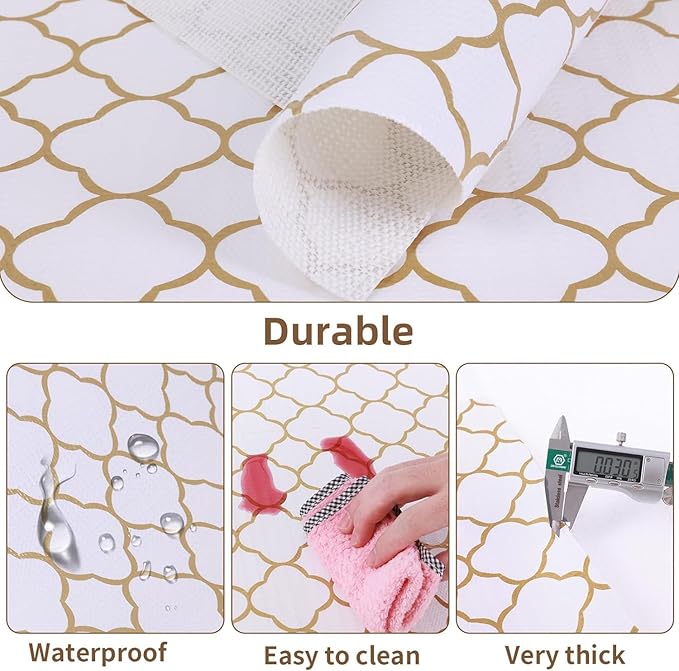 Shelf Drawer Liners for Kitchen Cabinets Non Adhesive Drawer Liner Thickened Refrigerator Liner Gold Quatrefoil Strong Non-Slip Paper for Tool Box with Knife and Tape Measure,23.6 x 236.2 Inches
